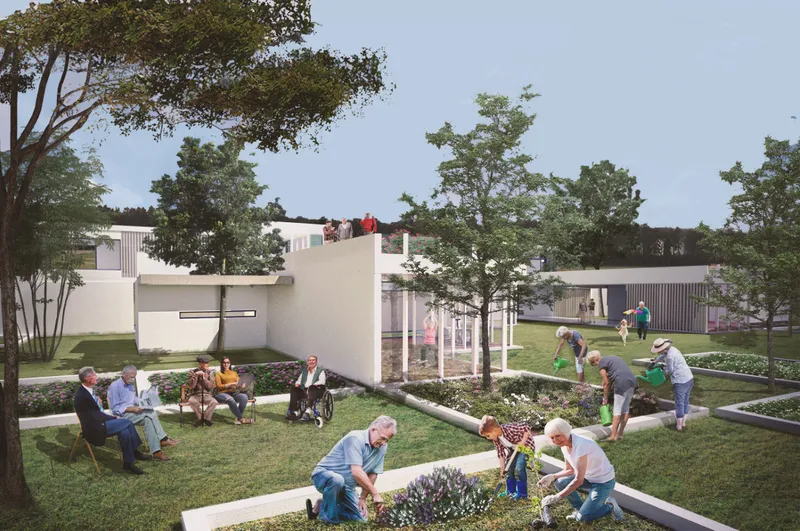 Community garden with raised beds where residents tend plants among mature trees under overcast skies