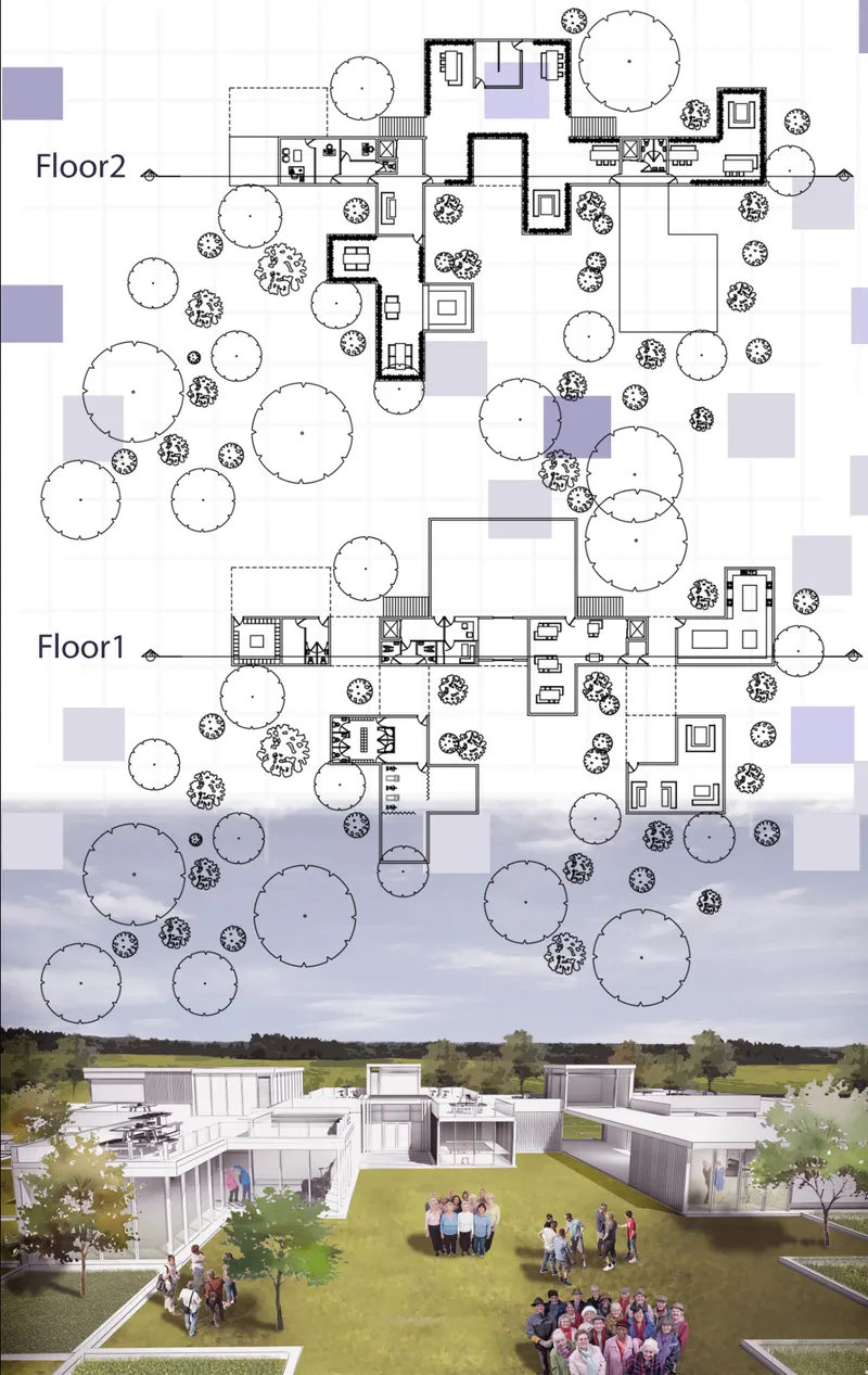 Floor plan drawing showing two levels of scattered pavilions surrounded by circular tree canopies