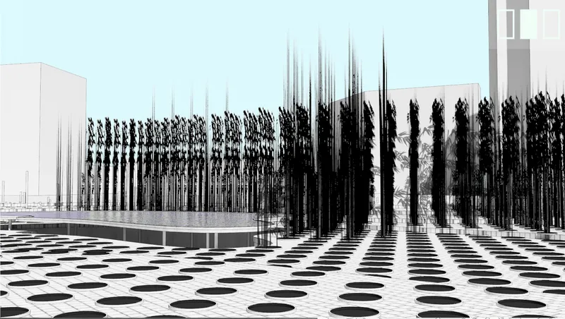 Array of vertical metal poles with foliage above a circular-patterned paved plaza