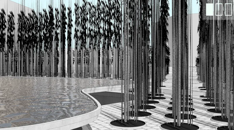 Forest of slender steel rods rising from circular bases beside a curving planted bed with patterned paving