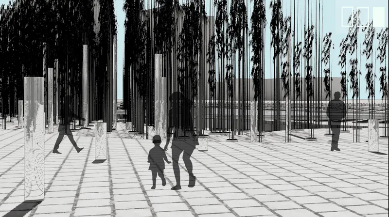 Paved terrace with steel rod installation casting shadows as visitors walk beneath hanging vegetation