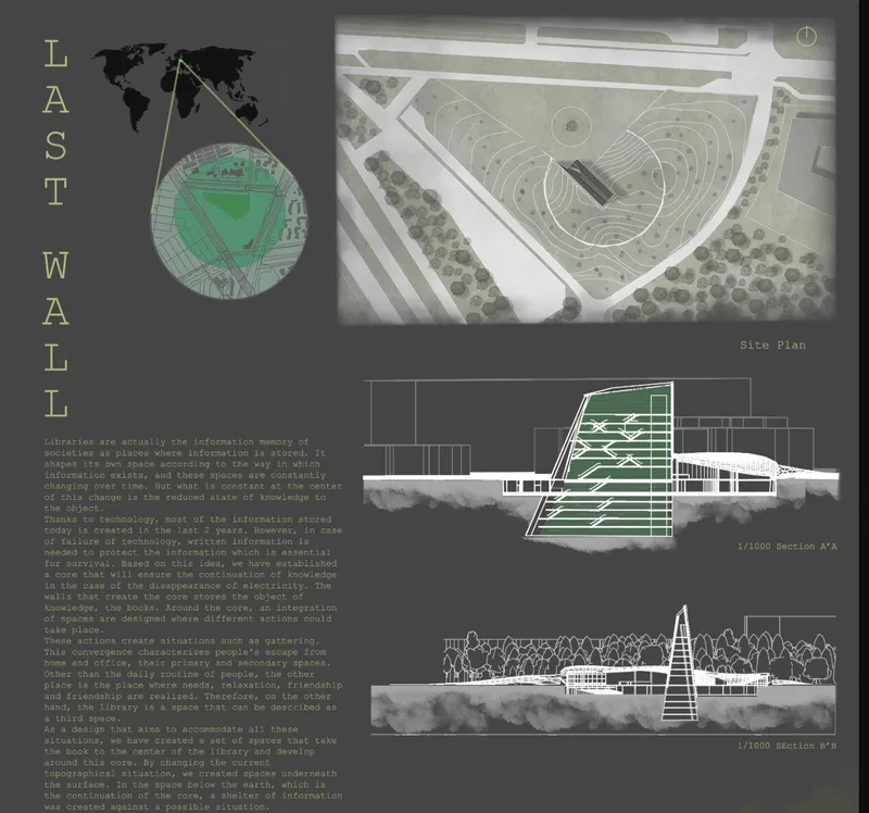 Presentation board showing site plan and two section drawings of a triangular building with diagonal bracing
