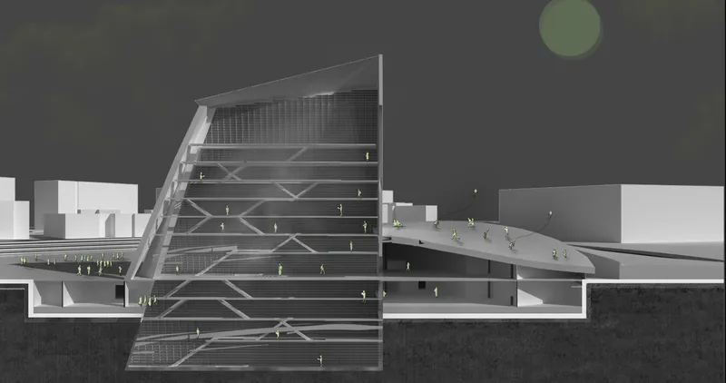 Physical model showing the triangular tower with exposed diagonal structure rising from a curved adjacent plaza