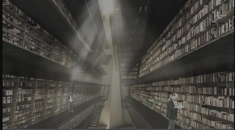Interior rendering of a towering library space with floor-to-ceiling bookshelves and two figures reading below