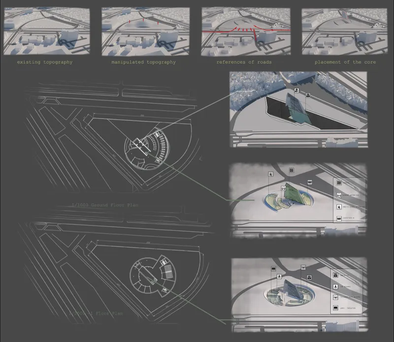 Diagram board illustrating topography manipulation and ground floor plan with aerial view insets of the site