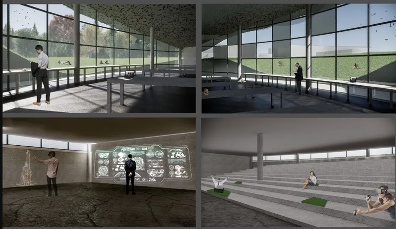 Four interior renderings showing gallery spaces with floor-to-ceiling glazing and people interacting with exhibits