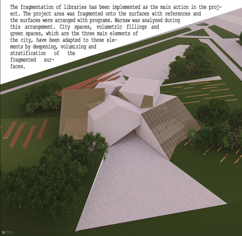 Aerial view of the angular library volumes with folded roofs surrounded by green space and trees