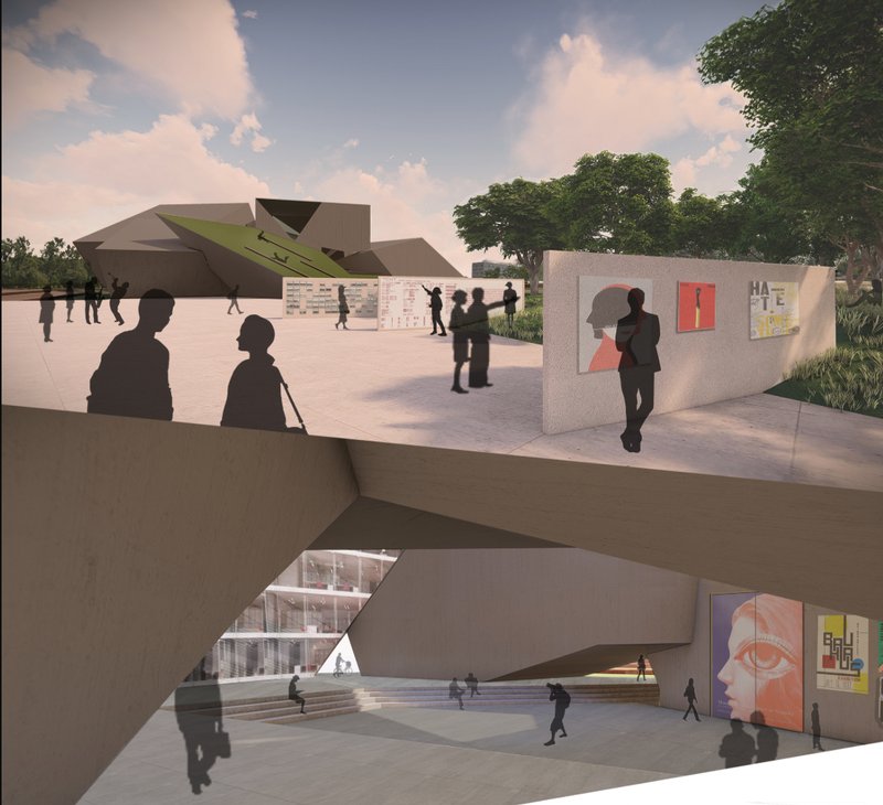 Cutaway view showing the sunken courtyard below the plaza with silhouetted figures