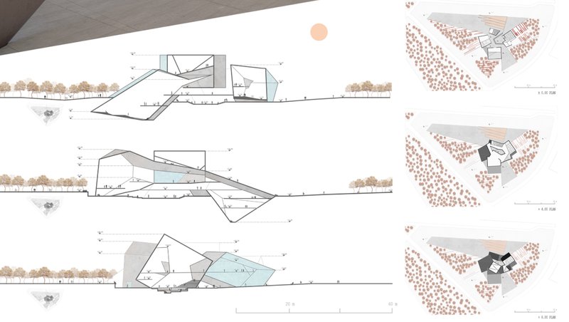 Section drawings showing three variations of the folded roof volumes with corresponding site plans