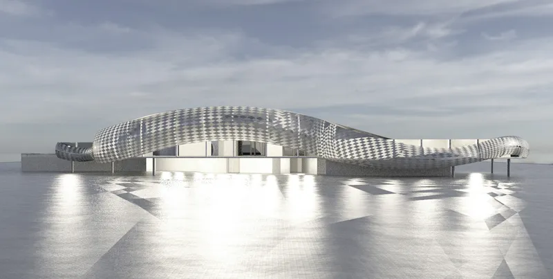 Elevated pavilion with perforated metallic skin on columns over a reflective wet plaza under overcast skies