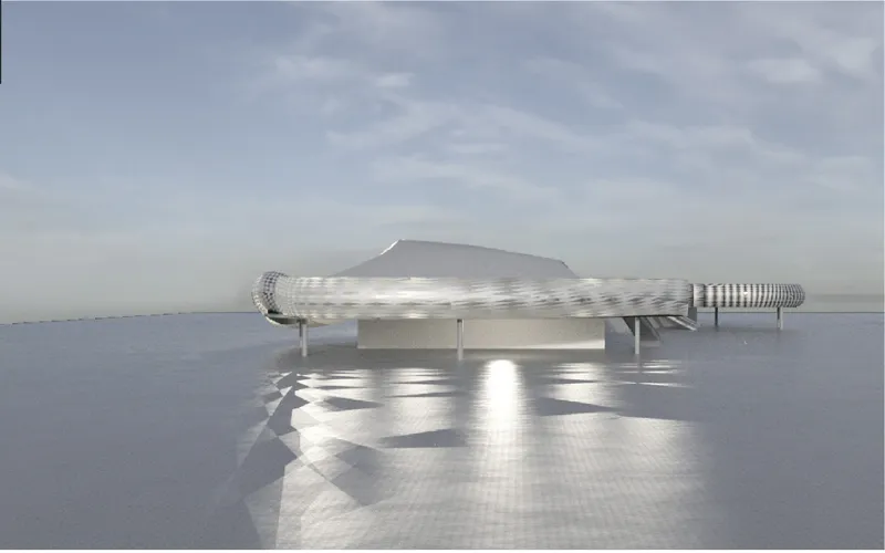 Side view of the raised structure with patterned cladding and cylindrical end volume in misty light