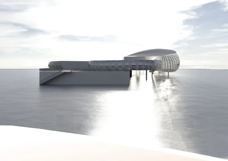 Long concrete pier leading to the elevated pavilion with bulbous glazed end over calm water