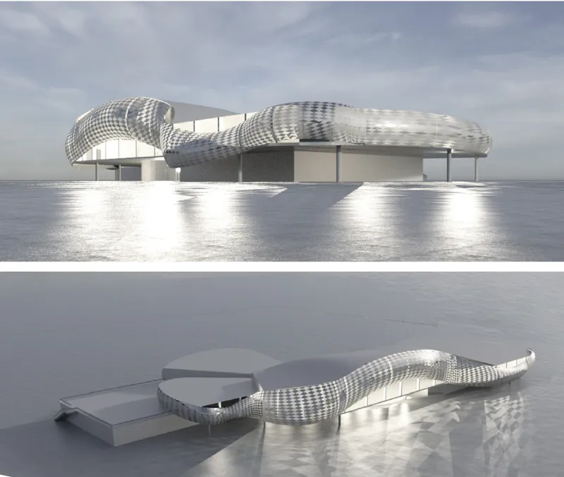 Two views showing the undulating roof form with chequered panels supported on pilotis above water