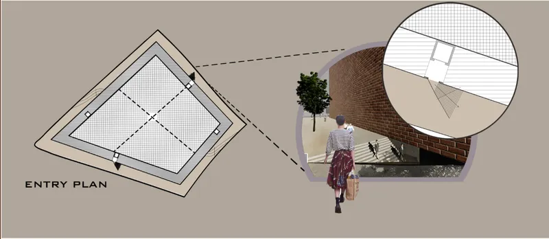 Entry plan diagram with perspective vignette showing a curved brick wall and pedestrian approaching a ramp