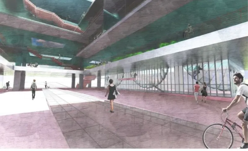 Rendering of covered plaza with exposed timber beams, glazed facades and pedestrians on pink paving