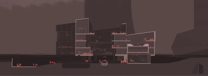 Section drawing showing multi-level spaces with occupants highlighted in red throughout staggered volumes