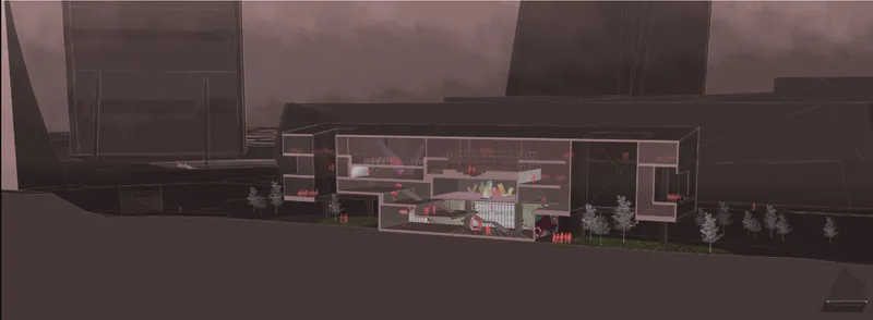 Section drawing showing horizontal volumes with planted terraces and street trees at dusk