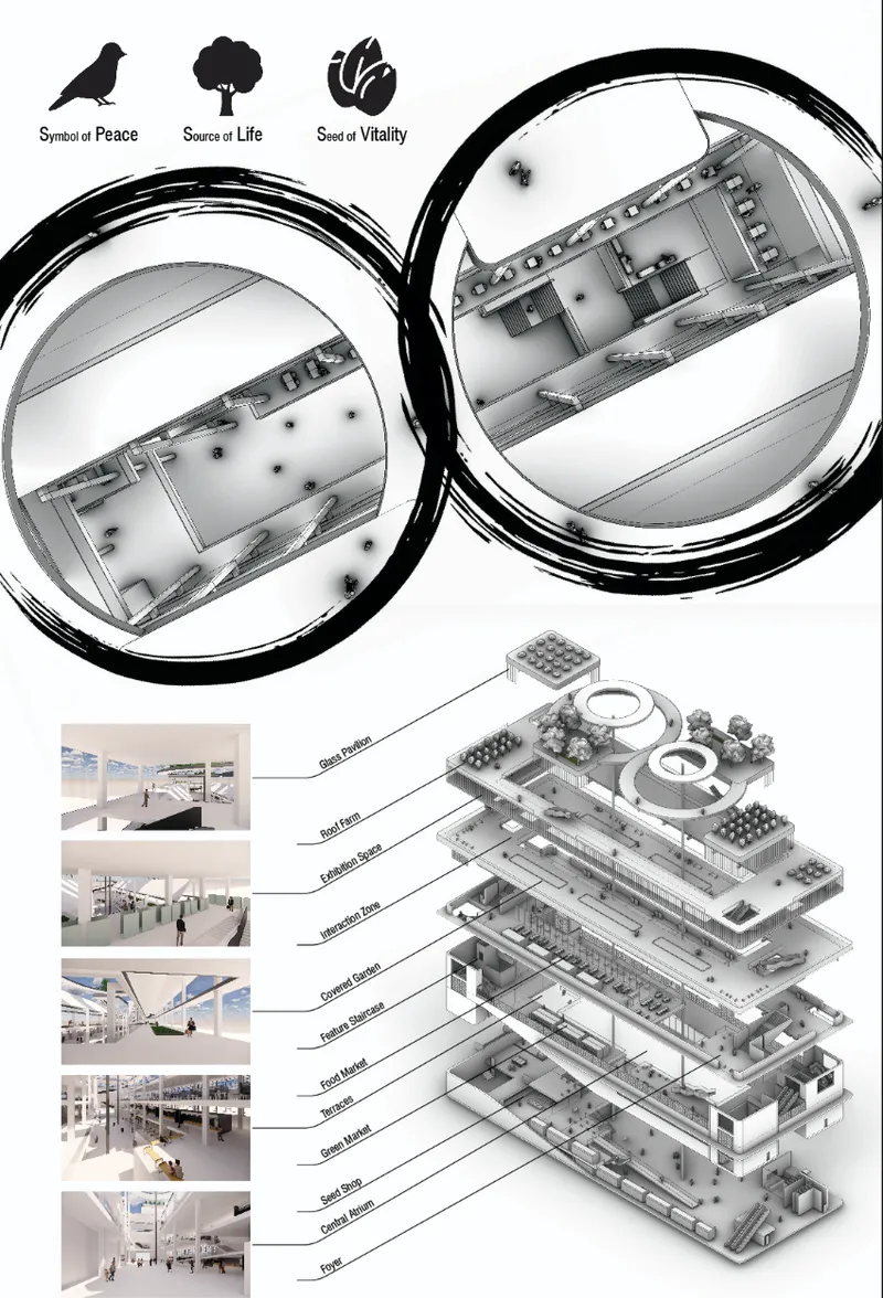 Exploded axonometric drawing showing all floor levels stacked vertically with labeled program spaces