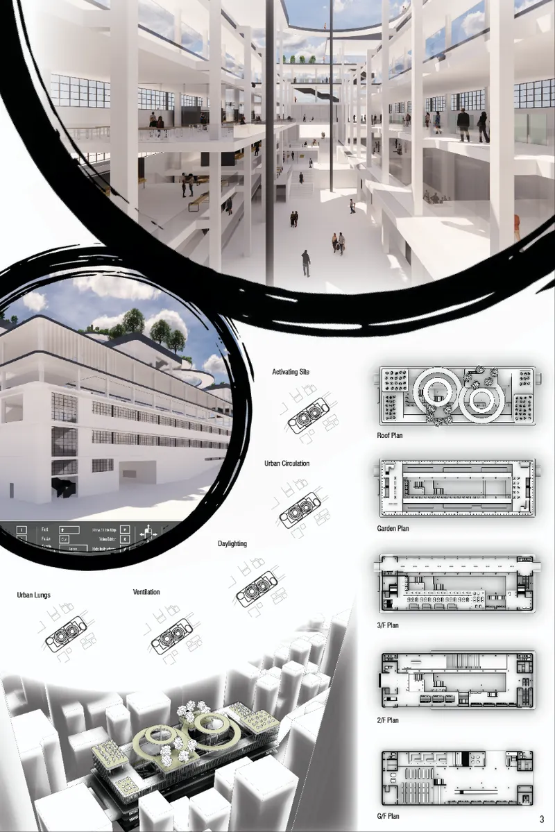 Interior rendering of a multi-story atrium with white balconies and visitors on the ground floor