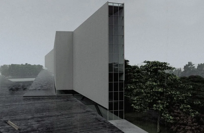 White concrete volumes and vertical glazed tower beside a timber deck in misty conditions