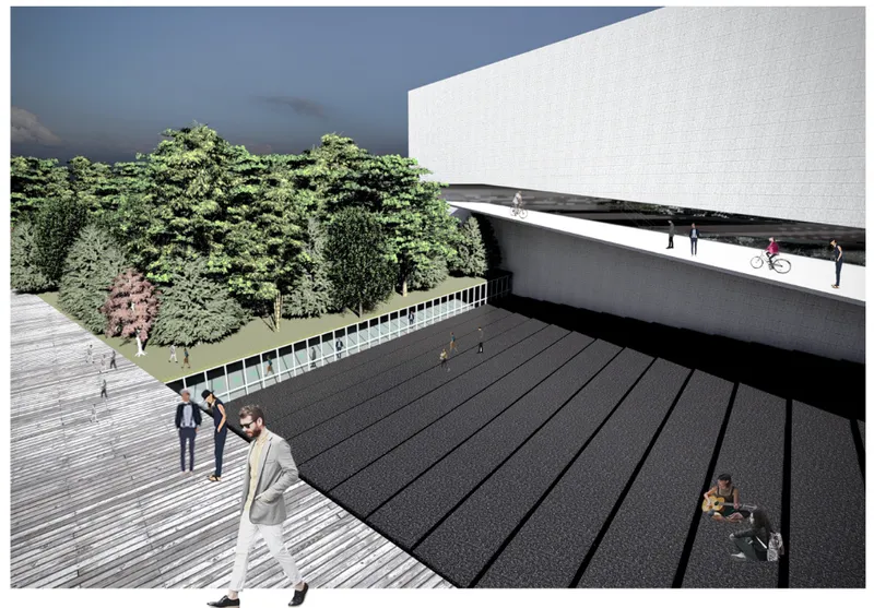 Elevated timber deck and cantilevered canopy with people cycling and gathering beneath stormy skies