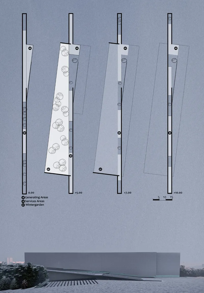 Site plan drawing showing four parallel linear volumes with planted areas and circulation paths