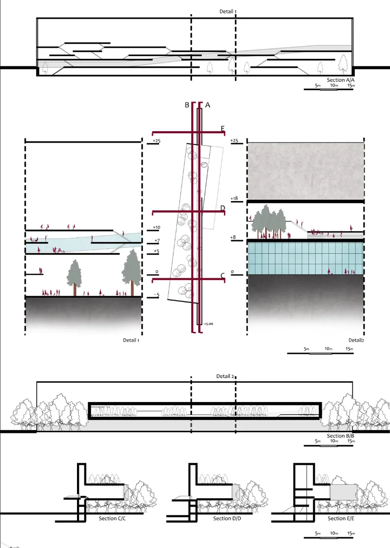 Section drawings showing interior and exterior levels with roof details and landscape integration