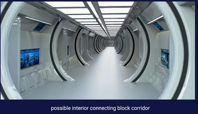 White tubular corridor with curved ribs and digital screens embedded in the side walls