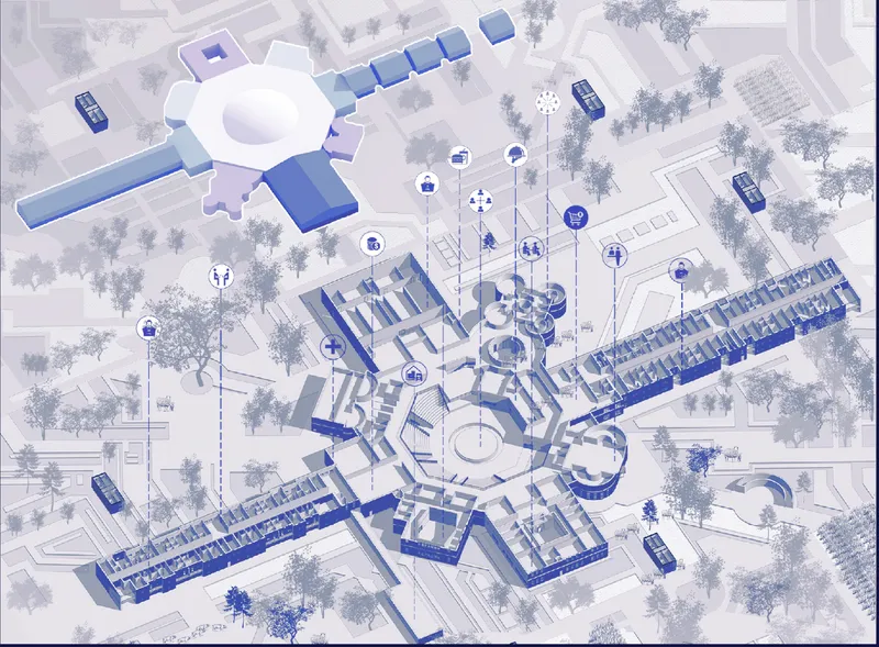 Site plan rendering showing an octagonal building cluster surrounded by trees and parking areas
