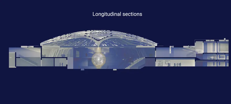 Longitudinal section drawing revealing the domed central arena space and flanking program zones