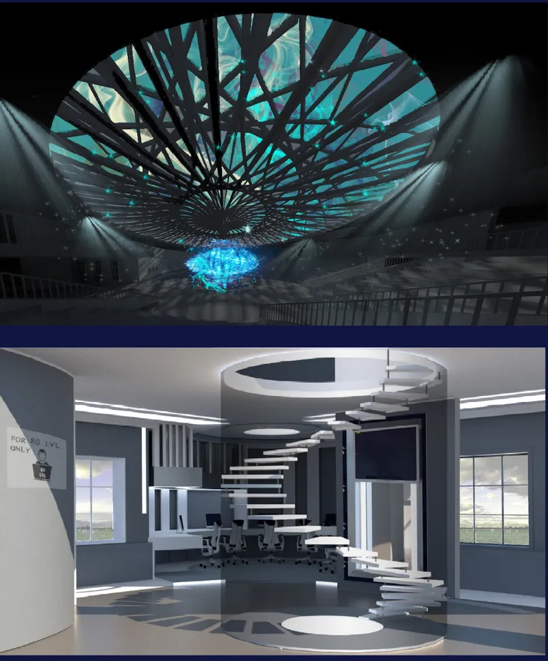 Rendering of radial ceiling structure with blue lighting above arena seating and a floating stair interior