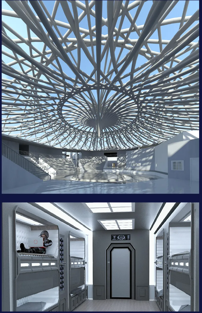 View of radiating structural fins casting dappled shadows and a corridor with sleeping pods along the walls