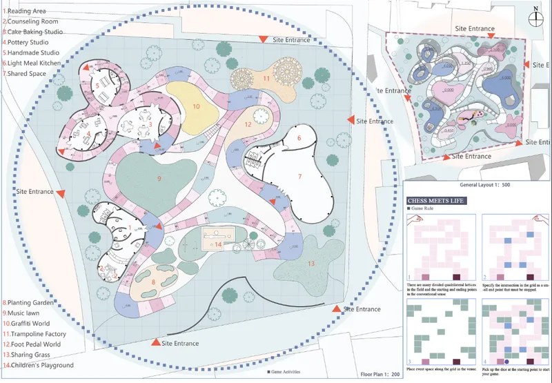 Site plan drawing showing curving three-lobed volumes surrounded by landscaped planting gardens and multiple entrance points