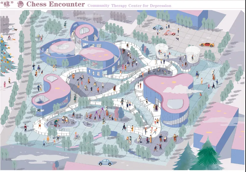 Aerial axonometric rendering of pink and blue organic volumes arranged around courtyards with people and surrounding trees