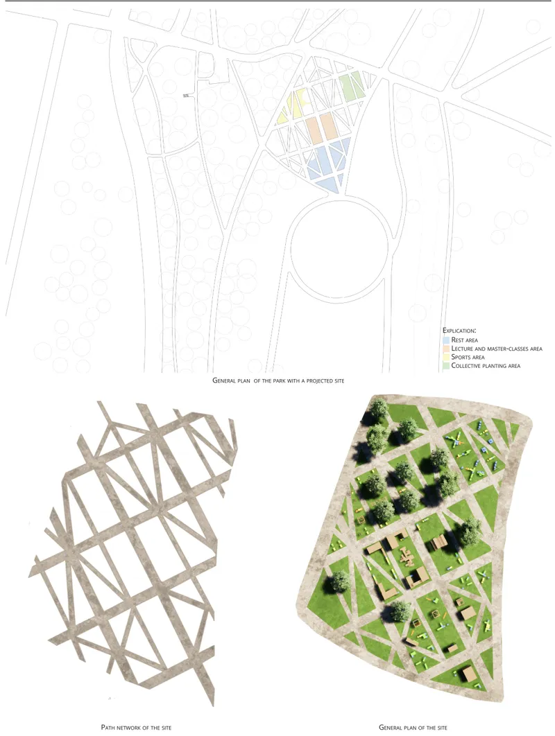 Site plan drawings showing path networks, general plan, and axonometric view with color-coded functional zones