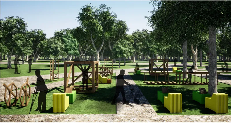 Rendered view of timber-framed pavilions with yellow and green seating among mature trees in a park