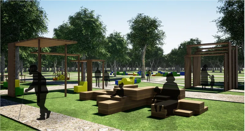 Timber pergolas and stacked wood seating platforms surrounded by green turf and trees
