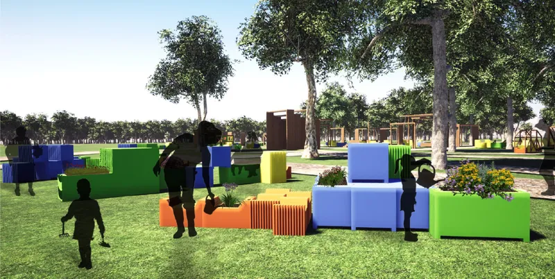 Modular colored seating cubes and planters arranged on grass with figures and trees