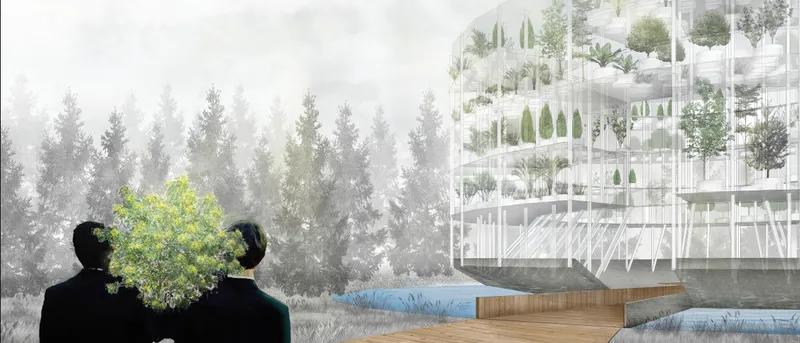 Rendering of two figures viewing a planted structural frame building across a reflecting pool in mist