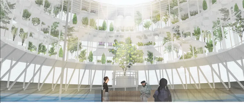 Interior view looking up through a cylindrical atrium with planted terraces and diagonal structural bracing