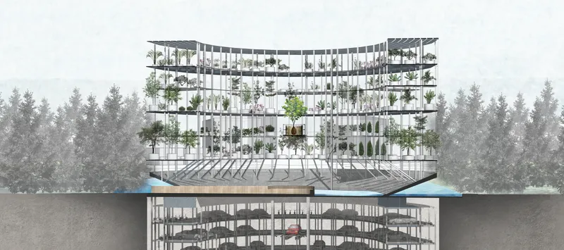 Section drawing revealing a multi-story structure with planted terraces above ground and parking levels below
