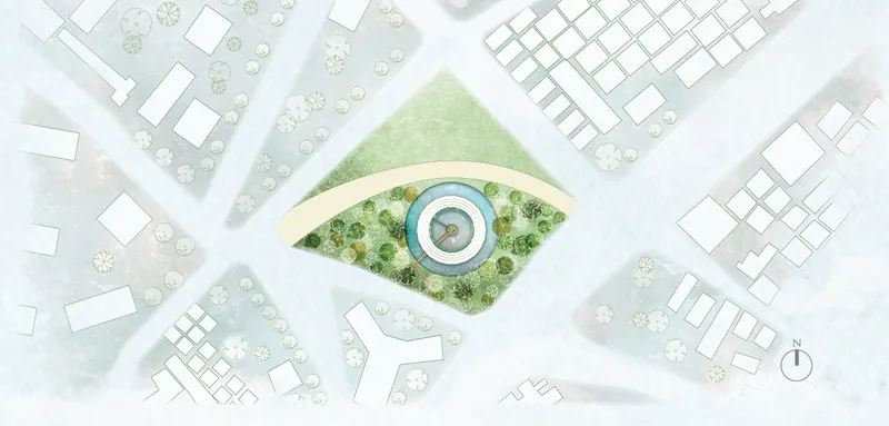 Site plan drawing showing a diamond-shaped building with central circular courtyard and pool surrounded by trees