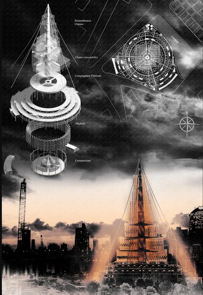 Composite rendering showing exploded axonometric views and tower silhouette against an urban waterfront at dusk