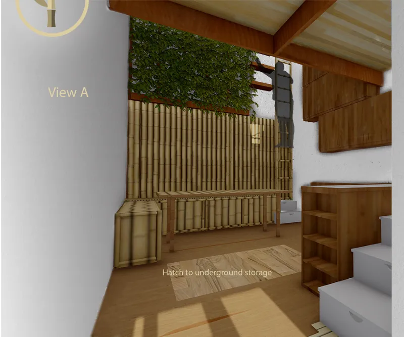 Interior view of bamboo vertical slat wall with green wall above and timber flooring