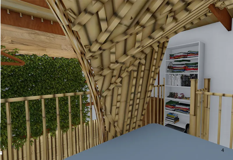 Interior bedroom corner with woven bamboo ceiling structure and green wall beyond bamboo railing