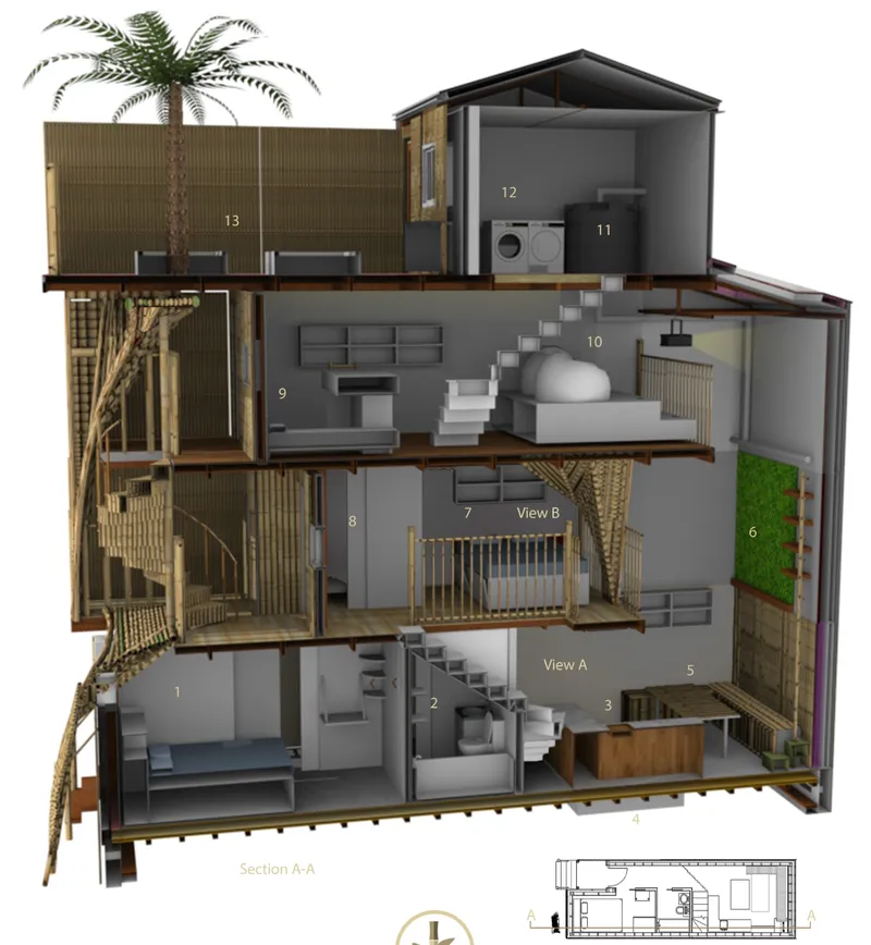 Sectional drawing showing multi-level interior spaces with bamboo cladding and vertical circulation
