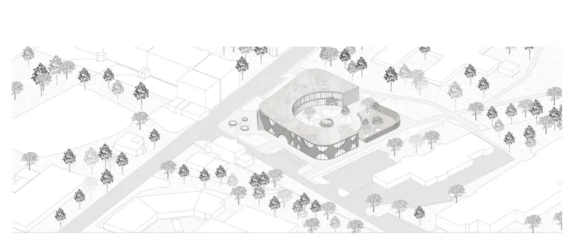 Axonometric drawing showing curved building footprint within a landscape of scattered trees and pathways