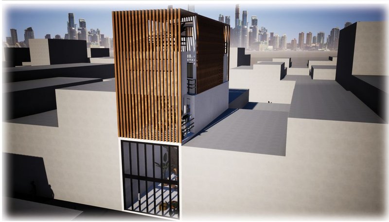 Aerial view of the narrow residence with vertical timber louvres and glazed ground floor within an urban block