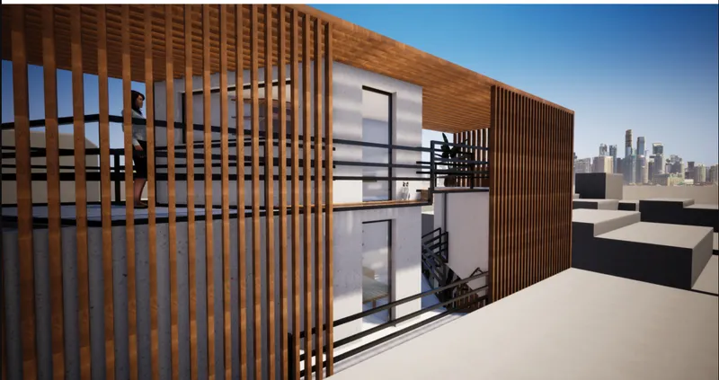 Facade detail showing timber slatted screen wrapping the upper volume with exposed stairwell and distant skyline