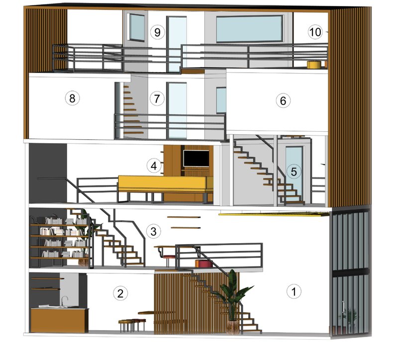 Section drawing revealing five levels with interconnecting staircases and numbered rooms behind timber and metal screens